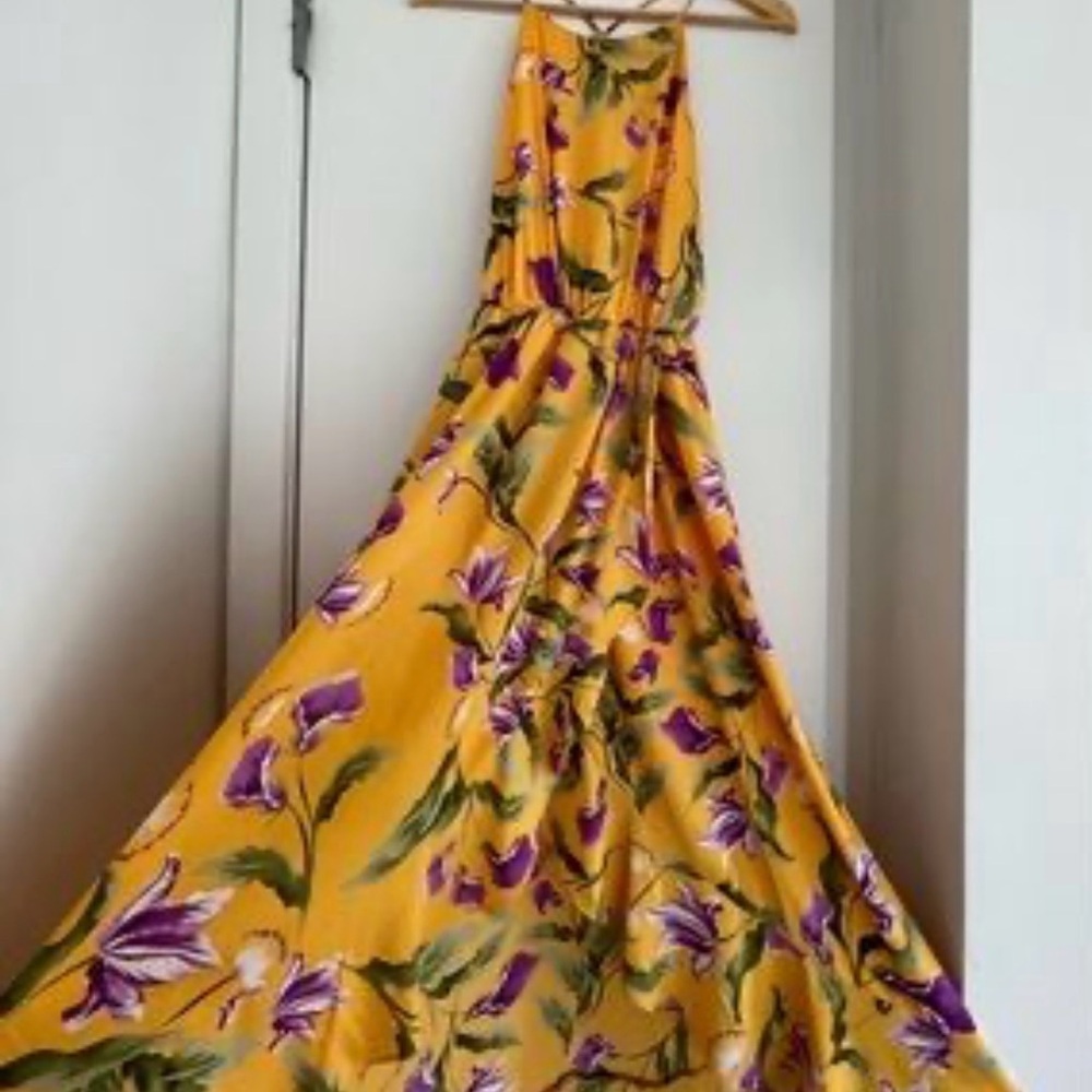 Lush floral-print maxi dress vibrant yellow color with purple and green floral M